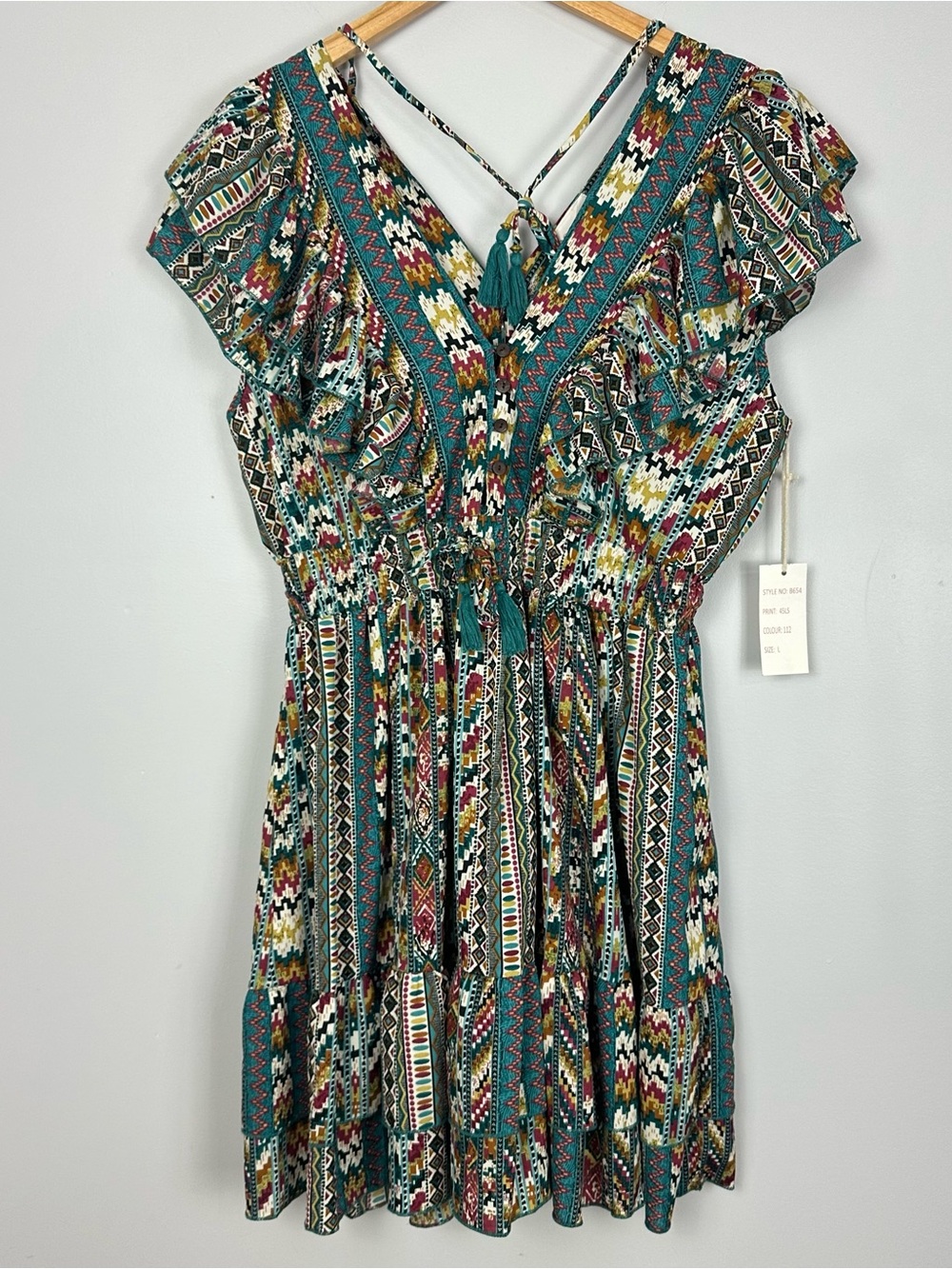 Boemo Ruffle Hem Mini Aztec Geometric Print Dress Flutter Sleeve Size Large NWT